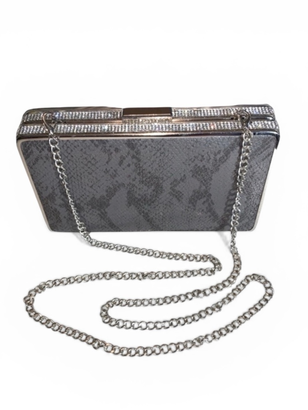 Starlet Silver and Gray Clutch Snake Print with Rhinestones and Crossbody Chain